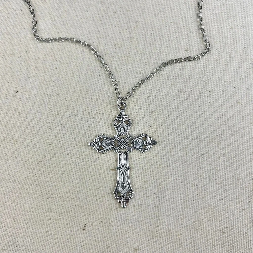 Vintage Y2K silver renaissance cross opium cyber punk style necklace emo goth